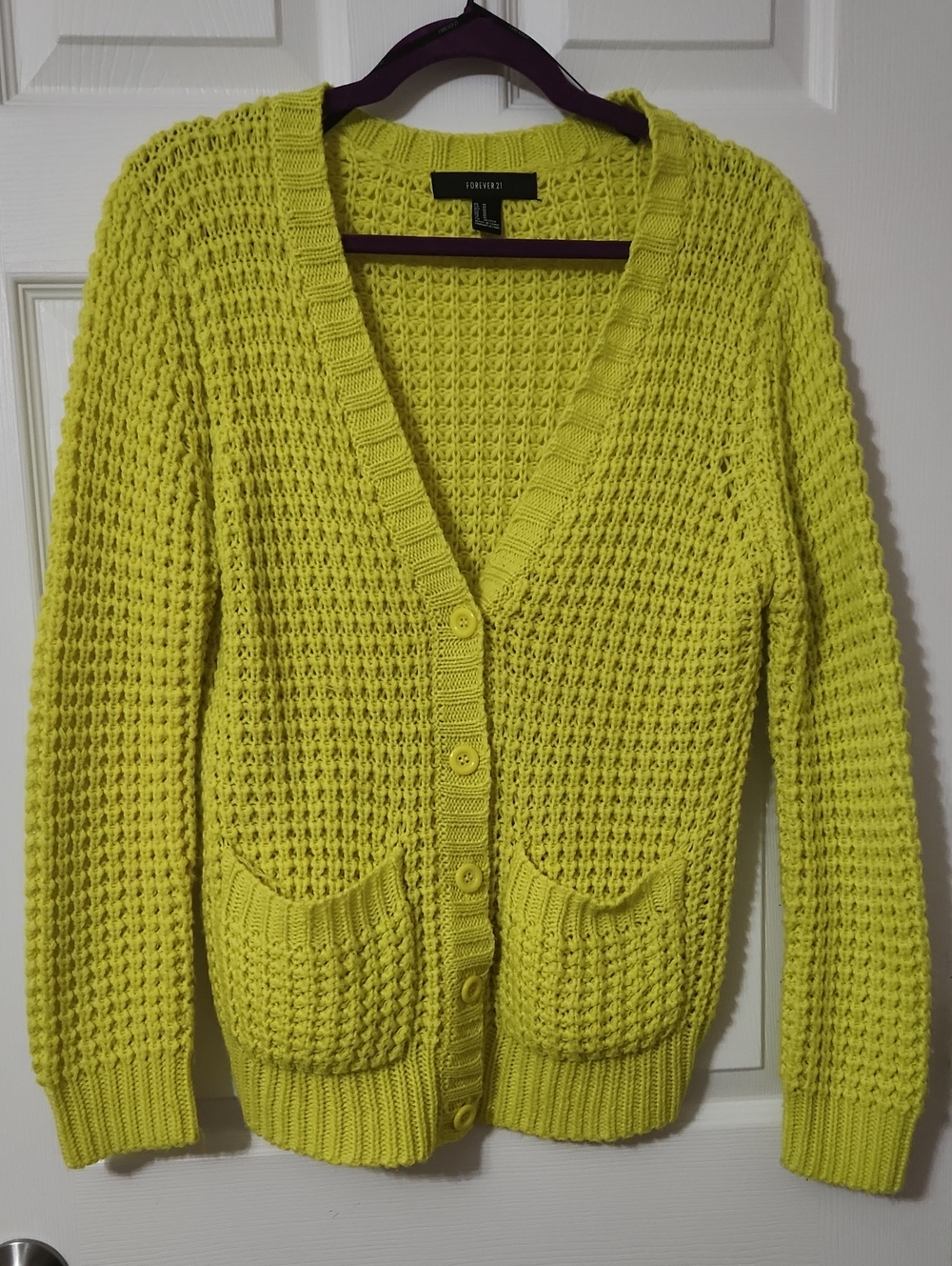 Cozy Comfy Fall Forever 21 Neon Yellow Waffle Knit Button Cardigan